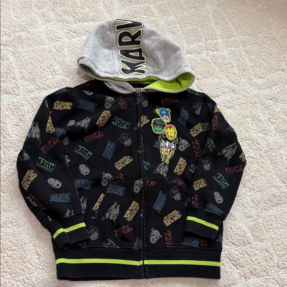 Marvel Kids Black Hoodie with Neon Green Trim & Multicolor Avengers Prints